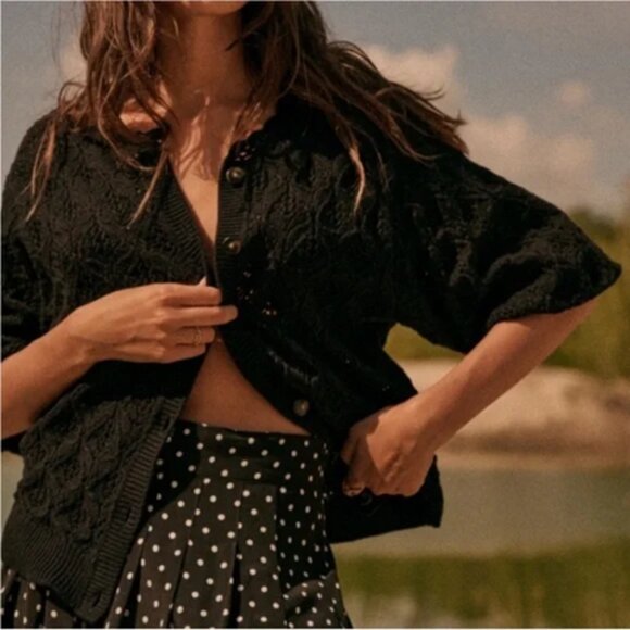 Sezane Anahi Crochet Knit Cardigan Sweater in Black Small - Picture 1 of 9